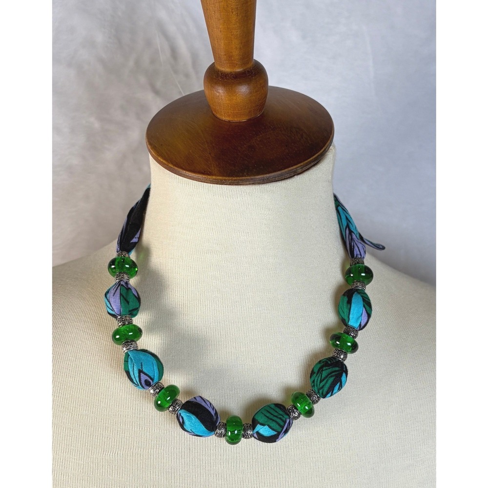 Shanga Tanzania Fabric Wrapped & Glass Bead Adj Tie Necklace Green Blue NEW